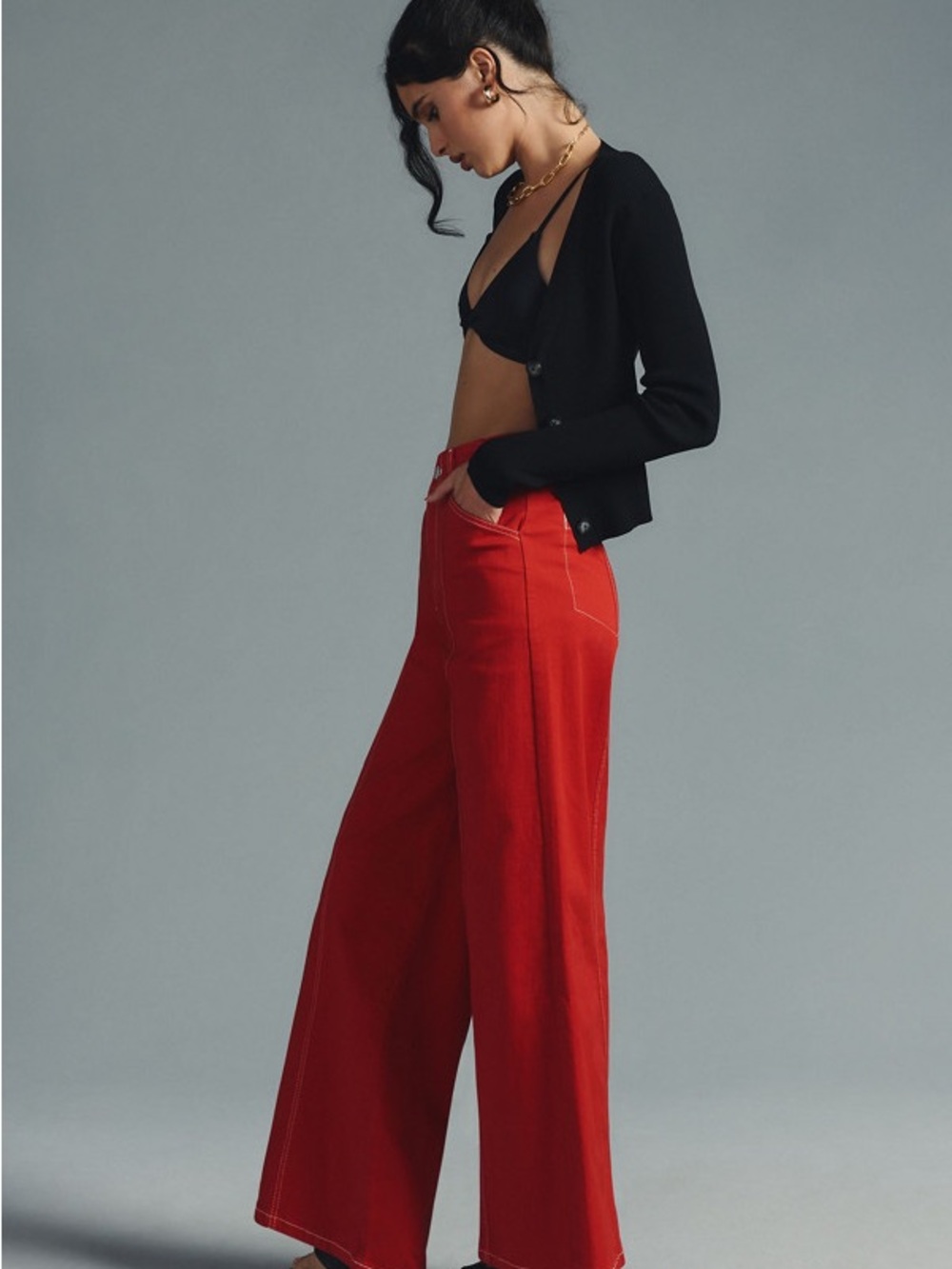 Maeve for Anthropologie Front Seam seam, Wide-Leg High-Waist Red Pants
